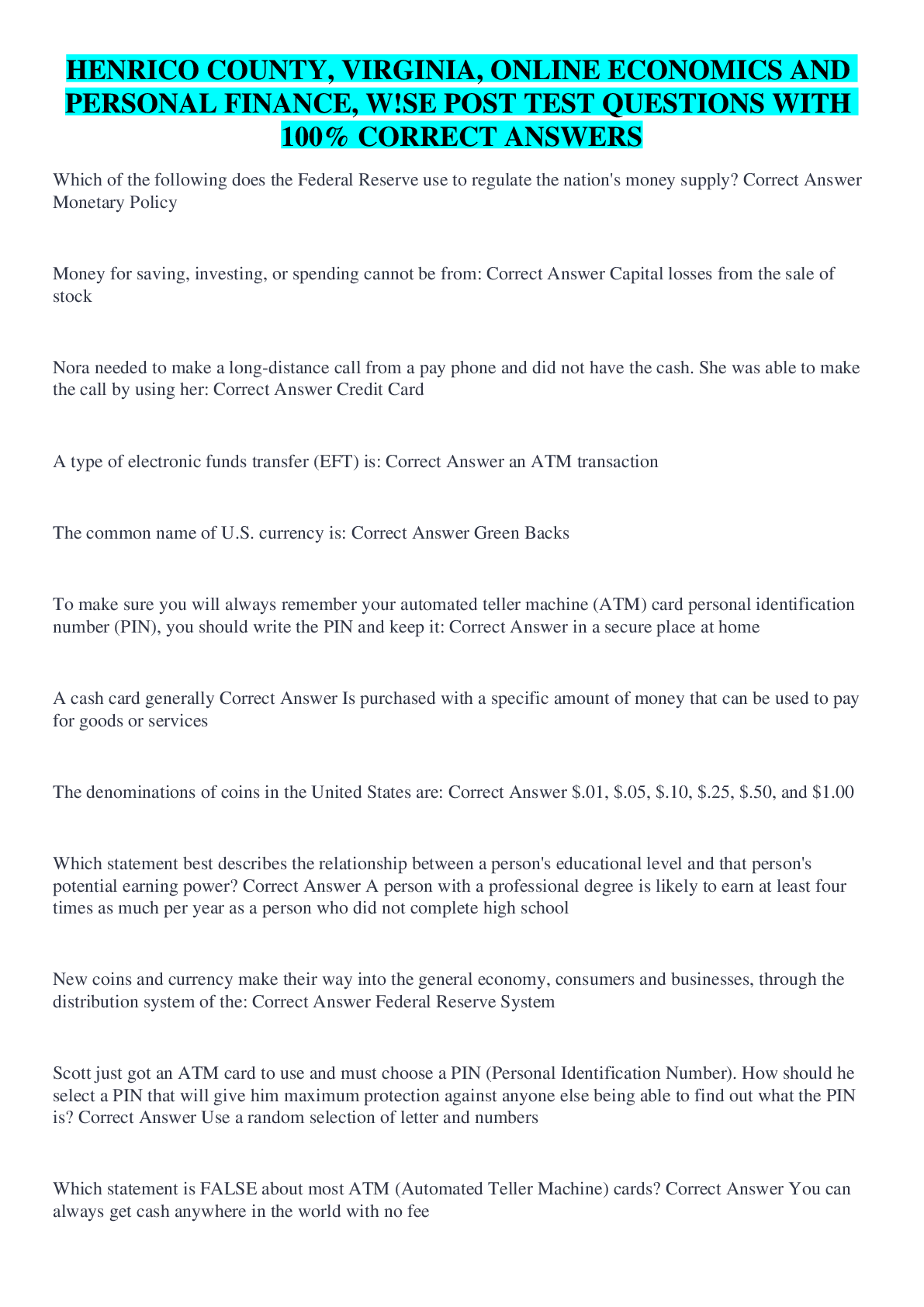 Preview image for HENRICO COUNTY, VIRGINIA, ONLINE ECONOMICS AND PERSONAL FINANCE, W!SE POST TEST QUESTIONS WITH 100% CORRECT ANSWERS